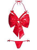 Playful lingerie set, satin, big bow, straps over bust